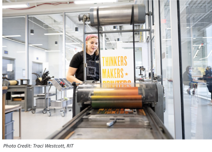 Figure 1: RIT Student Leah Rosen Sets Type By Hand and Prints Her Own Designs on Vintage Presses in the SHED’s Cary Pressroom